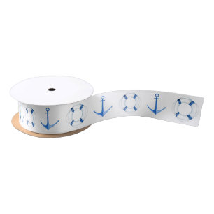 Nautical Rustic Blue Boat Anchor and Life Buoy Satin Ribbon