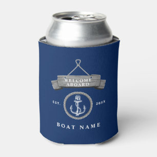 Nautical rustic boat name anchor rope navy blue can cooler