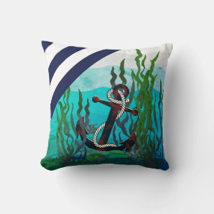 Nautical rusty black anchor/under seaweed/shells cushion