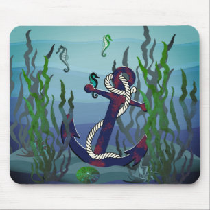 Nautical rusty blue anchor/seaweed/shell/seahorse mouse mat