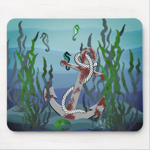 Nautical rusty grey anchor/seaweed/shells/seahorse mouse mat