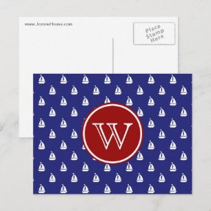 Nautical Sail Away on Blue With Red Monogram Postcard