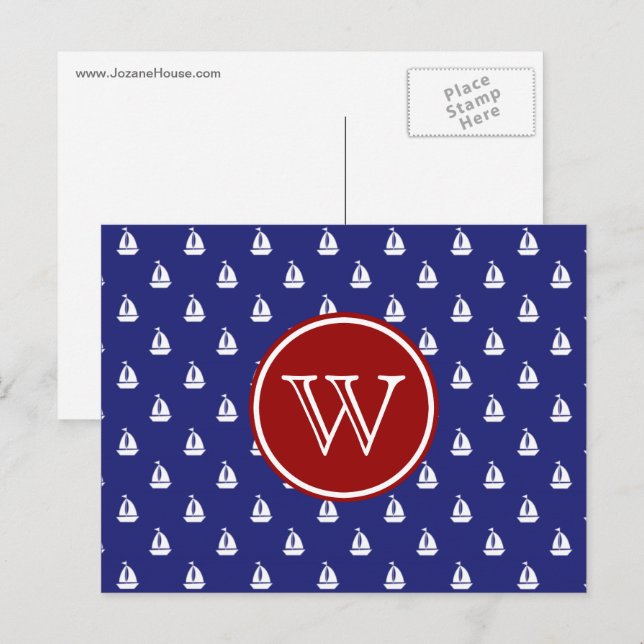Nautical Sail Away on Blue With Red Monogram Postcard (Front/Back)