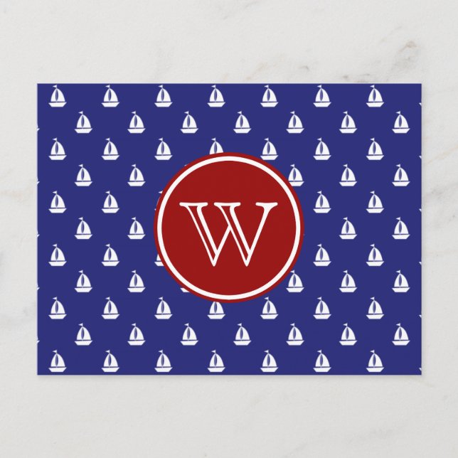 Nautical Sail Away on Blue With Red Monogram Postcard (Front)