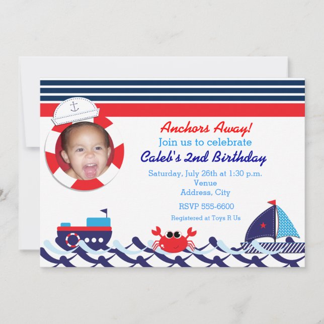 Nautical Sail Boat Navy Stripe Photo Invitation (Front)