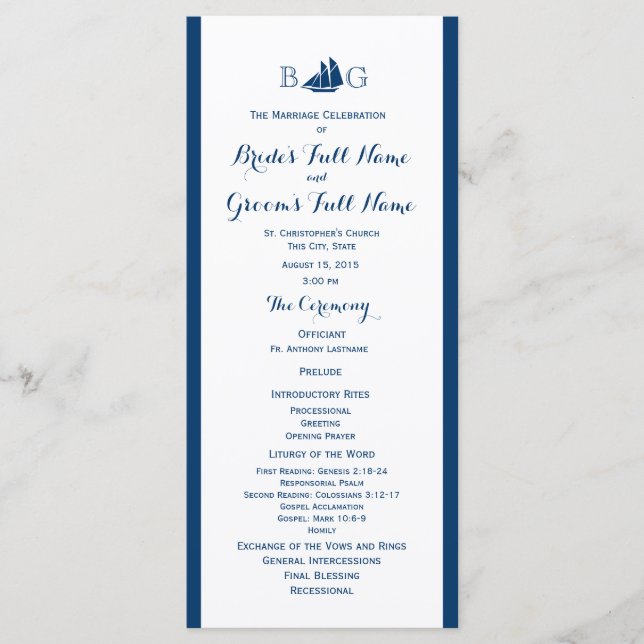 Nautical Sail Boat Wedding Program Programme (Front)