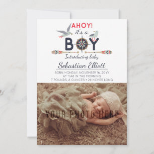 Nautical Sailboat Ahoy Baby Boy Photo Announcement