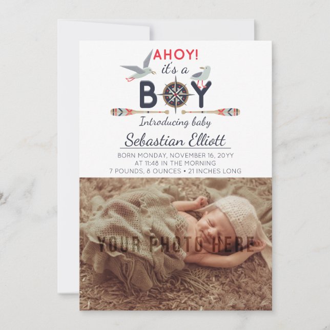 Nautical Sailboat Ahoy Baby Boy Photo Announcement (Front)