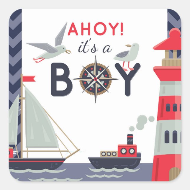 Nautical Sailboat Ahoy Baby Boy Shower Invitation Square Sticker (Front)