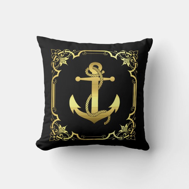 Nautical sailboat anchor silhouette/gold/black cushion (Front)