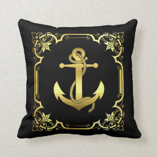 Nautical sailboat anchor silhouette/gold/black cushion