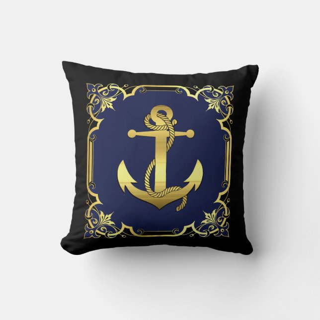 Nautical sailboat anchor silhouette/gold/navy/blk cushion (Front)