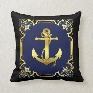 Nautical sailboat anchor silhouette/gold/navy/blk cushion