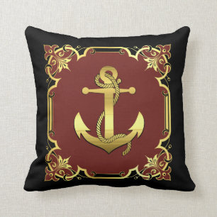 Nautical sailboat anchor silhouette/gold/red/black cushion