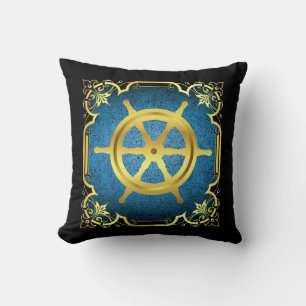 Nautical sailboat anchor/wheel/gold/blue/black cushion