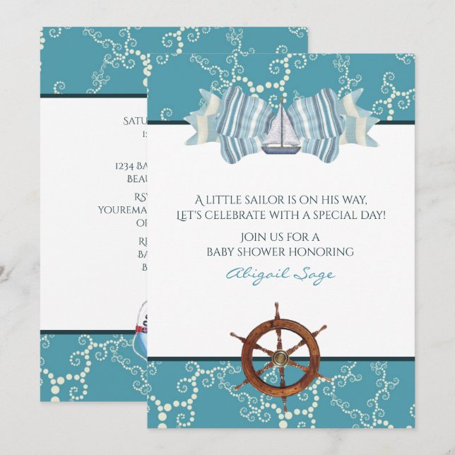 Nautical Sailboat and Boat Wheel Baby Shower Invitation (Front/Back)