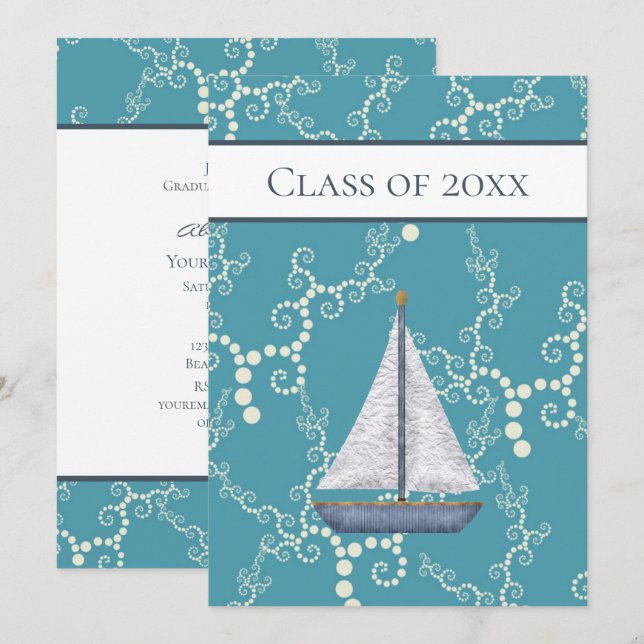 Nautical Sailboat and Swirling Water Graduation Invitation (Front/Back)