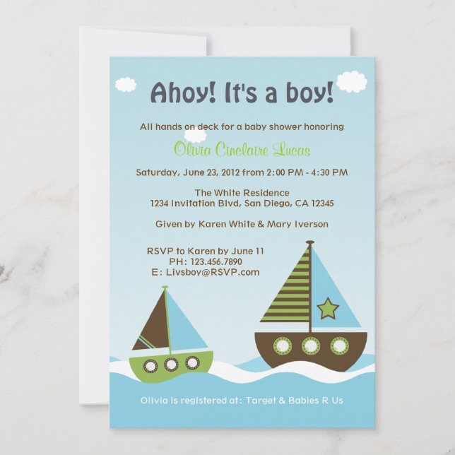Nautical Sailboat Baby Boy Baby Shower Invitation (Front)