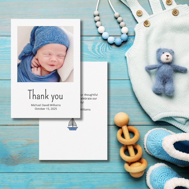 Nautical Sailboat Baby Boy Photo Simple Shower Tha Thank You Card (Creator Uploaded)