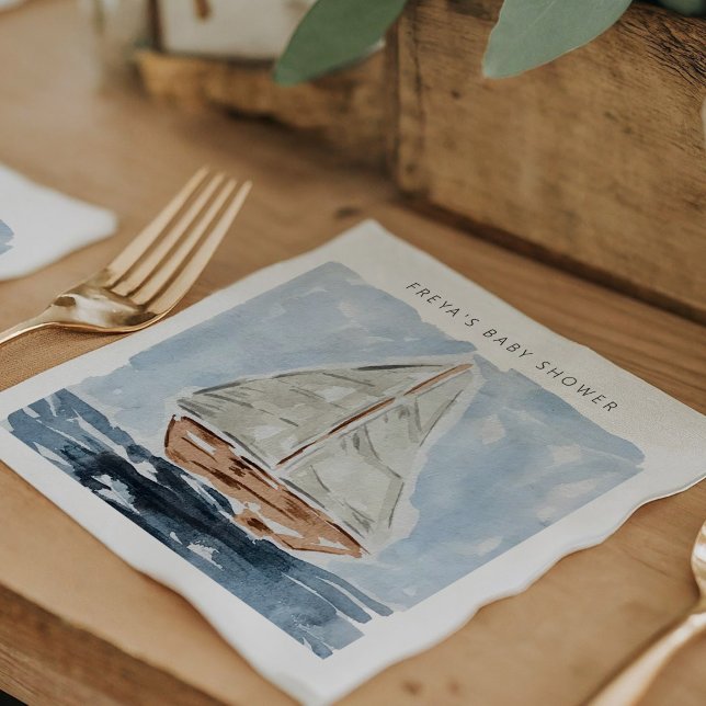 Nautical Sailboat Baby Shower Personalised Napkin (Blue nautical watercolor sailboat modern baby shower personalized napkins.)