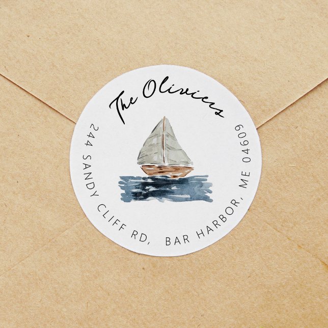 Nautical Sailboat Baby Shower Return Address Label (Nautical watercolor sailboat return address label round sticker.)