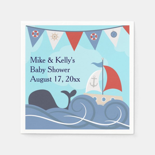 Nautical Sailboat Beach Ocean Whale Baby Shower Napkin (Front)