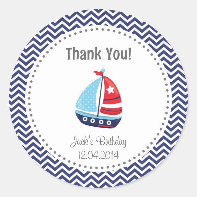 Nautical Sailboat Birthday Thank You Sticker Blue (Front)