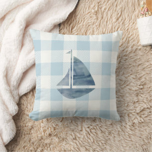 Nautical Sailboat Blue Gingham Check Cushion