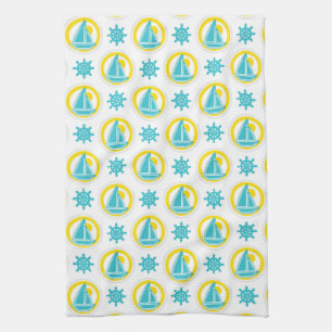 Nautical Sailboat Blue & Yellow Ocean Lake Theme Tea Towel