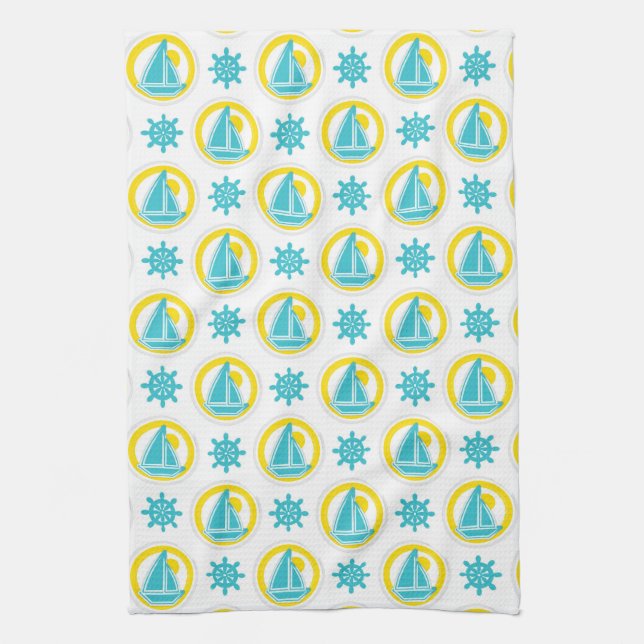 Nautical Sailboat Blue & Yellow Ocean Lake Theme Tea Towel (Vertical)