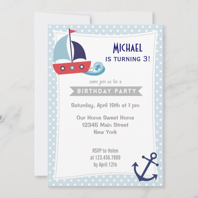 Nautical Sailboat Boy Birthday Invitation Blue (Front)