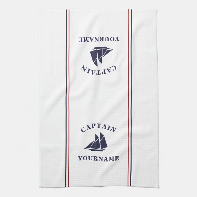 Nautical Sailboat Captain Your Name Kitchen Towels (Vertical)