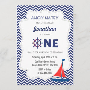 Nautical Sailboat First Birthday Invitation