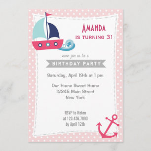 Nautical Sailboat Girl Birthday Invitation Pink
