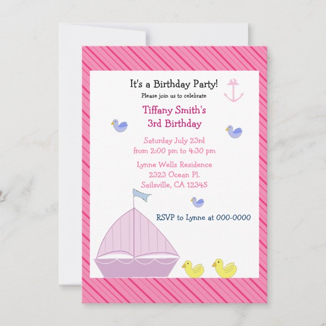 Nautical Sailboat Girls Birthday Invitation (Front)