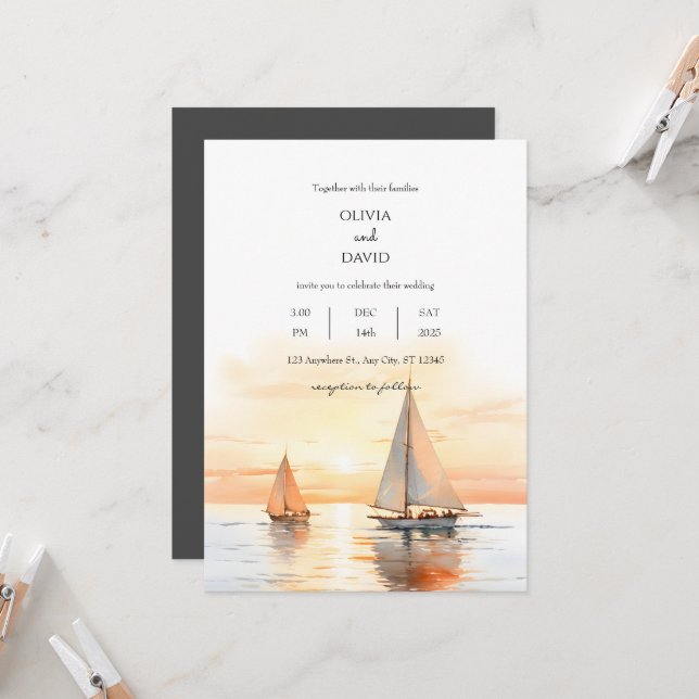 Nautical Sailboat-Inspired Sea Horizon Wedding  Invitation (Front/Back In Situ)