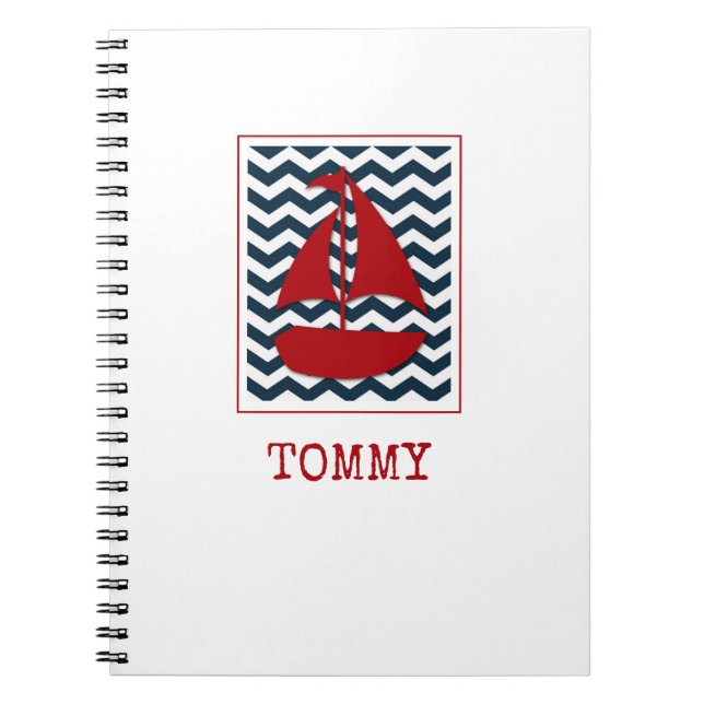 Nautical Sailboat Kids NAME Red White Blue Sailing Notebook (Front)