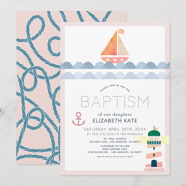Nautical Sailboat & Lighthouse Pink Girl Baptism I Invitation (Front/Back)