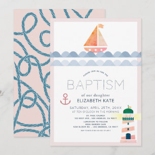 Nautical Sailboat & Lighthouse Pink Girl Baptism I Invitation