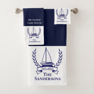 Nautical Sailboat Navy Blue Monogram Lake House  B Bath Towel Set