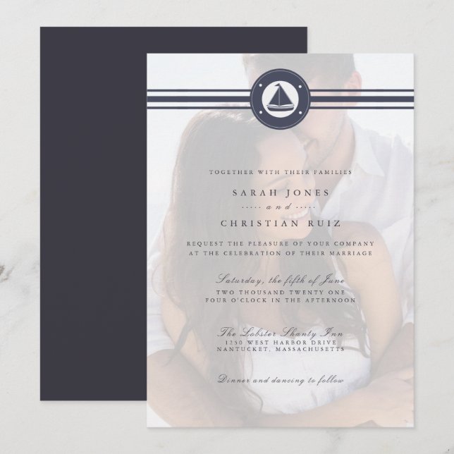Nautical Sailboat Navy Blue Photo Wedding  Invitation (Front/Back)