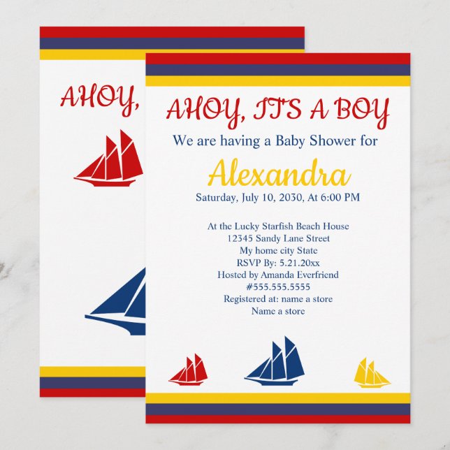 Nautical Sailboat Navy Blue Yellow Red Baby Shower Announcement (Front/Back)