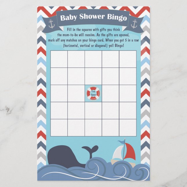 Nautical Sailboat Ocean Whale Baby Shower Bingo (Front)