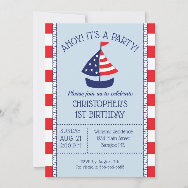 Nautical Sailboat Patriotic 1st Birthday Invitation (Front)