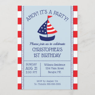 Nautical Sailboat Patriotic 1st Birthday Invitation