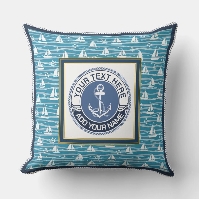 Nautical Sailboat Pattern and Anchor Emblem Cushion (Front)