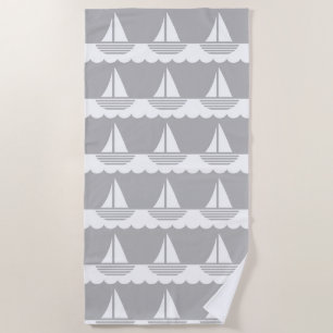 Nautical Sailboat Pattern Grey Beach Towel
