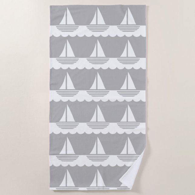 Nautical Sailboat Pattern Grey Beach Towel (Front)