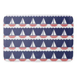 Nautical Sailboat Pattern Navy Blue and Red Bath Mat