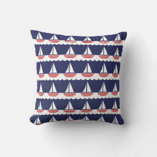 Nautical Sailboat Pattern Navy Blue and Red Cushion
